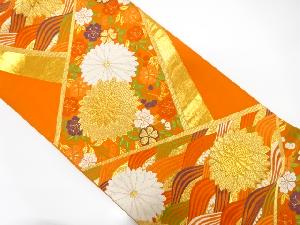 切りばめ楓　青海波に枝垂れ桜・菊模様織り出し　袋帯